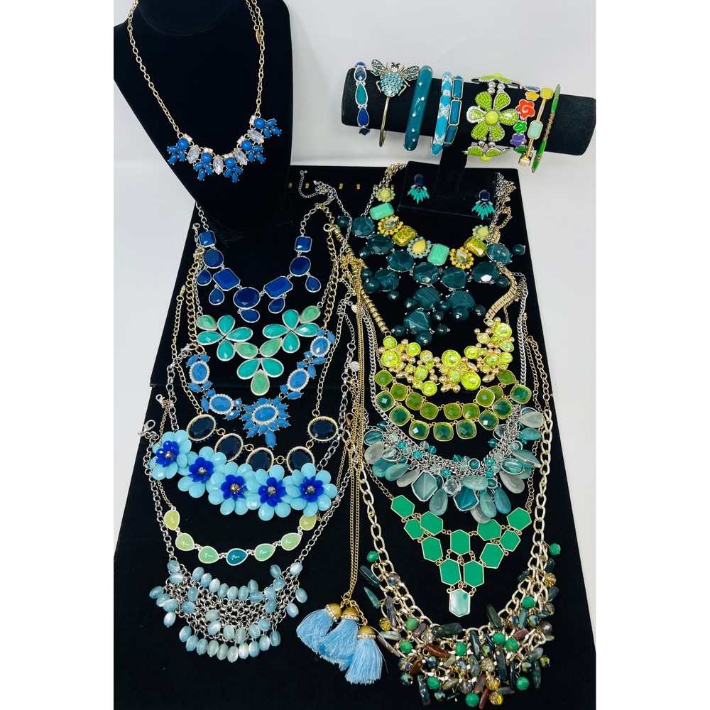 Modern Chunky Green & Blue Colorful Rhinestone Statement Necklaces Lot Of 25